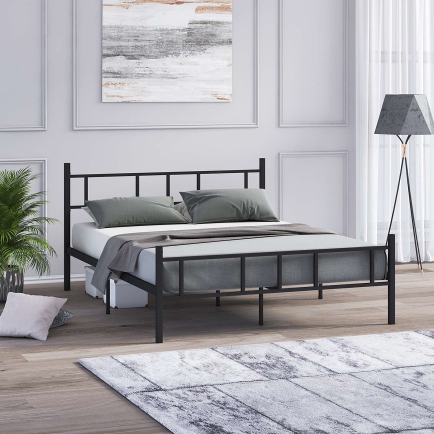 Metalowe łóżko dwuosobowe PIRON 140 x 200 cm, czarne, nośność 200 kg