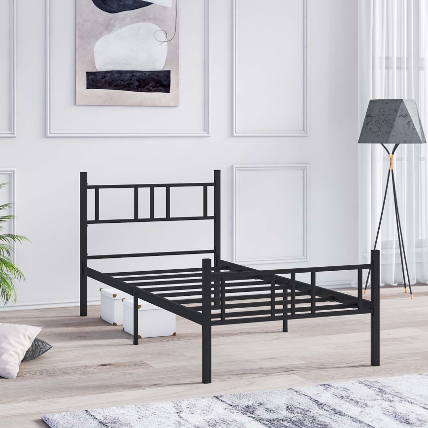 Metalowe łóżko pojedyncze PIRON 90x200 cm czarne nośność 120 kg
