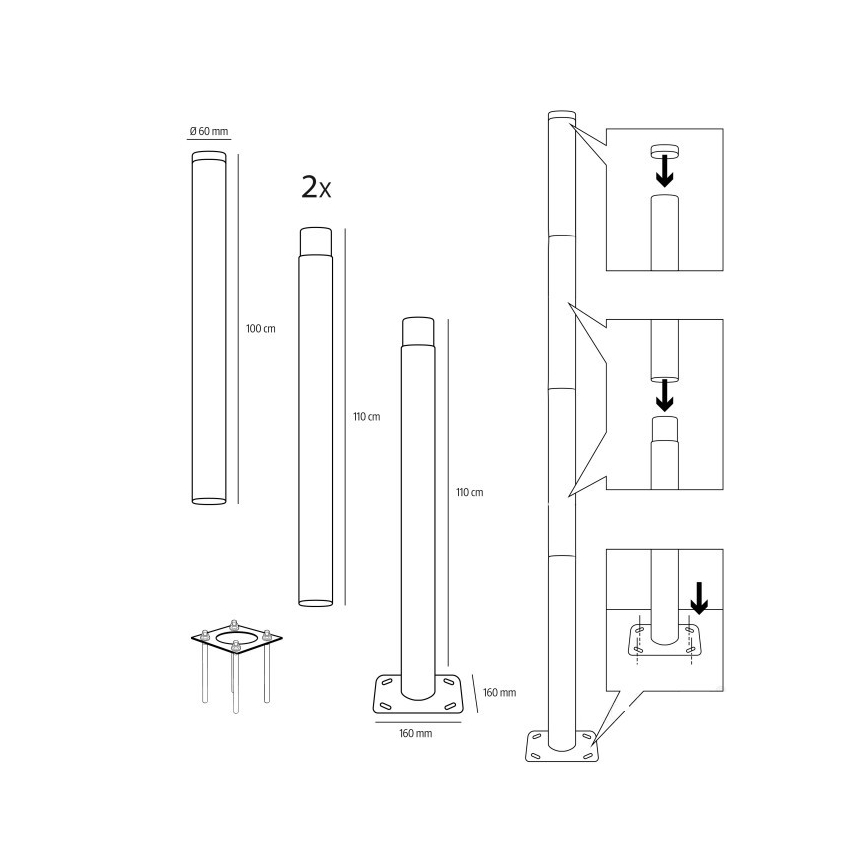 Metalowy pręt do słupa oświetlenia zewnętrznego BASE, 4 m, Ø 60 mm, czarny