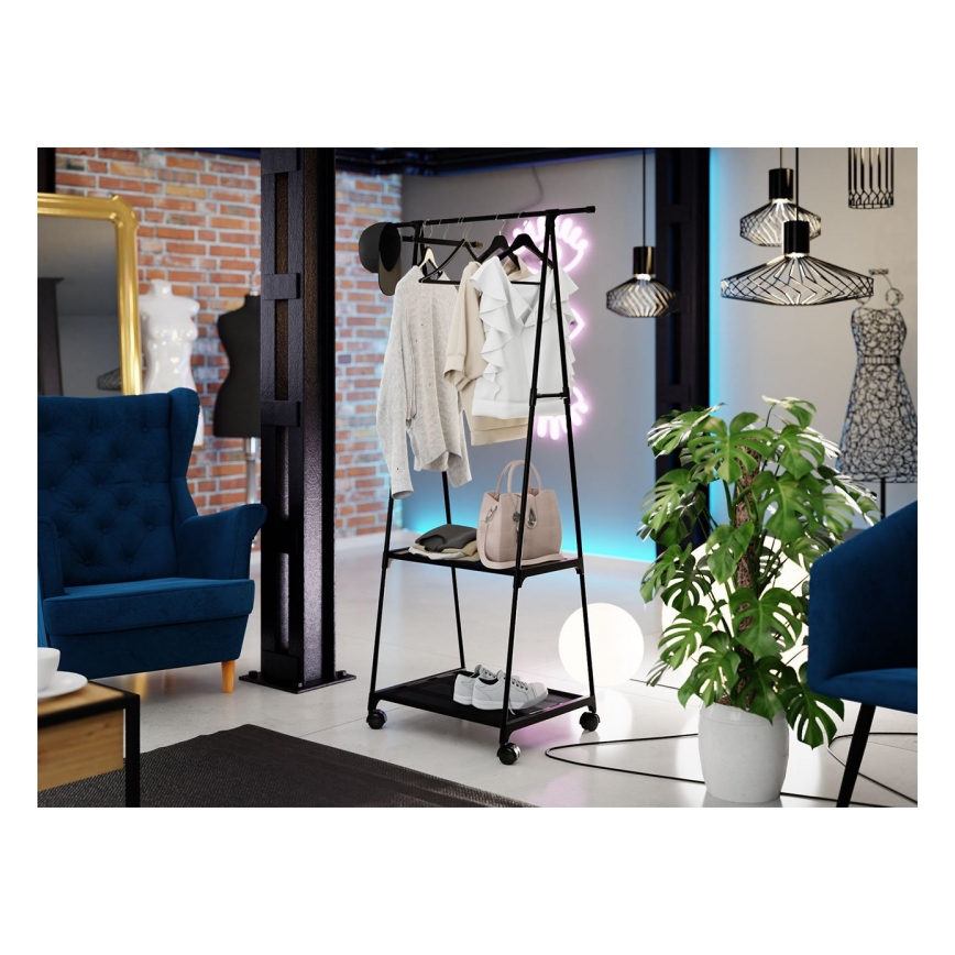 Mobilny wieszak metalowy z półkami OLAZEN 157x85 cm czarny