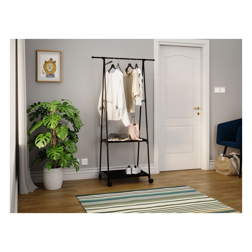 Mobilny wieszak metalowy z półkami OLAZEN 157x85 cm czarny