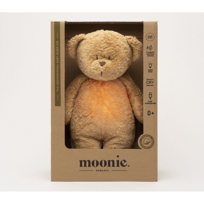 Moonie - Zabawka do przytulania z melodyjką i światełkiem miś 2.0 organic cappuccino