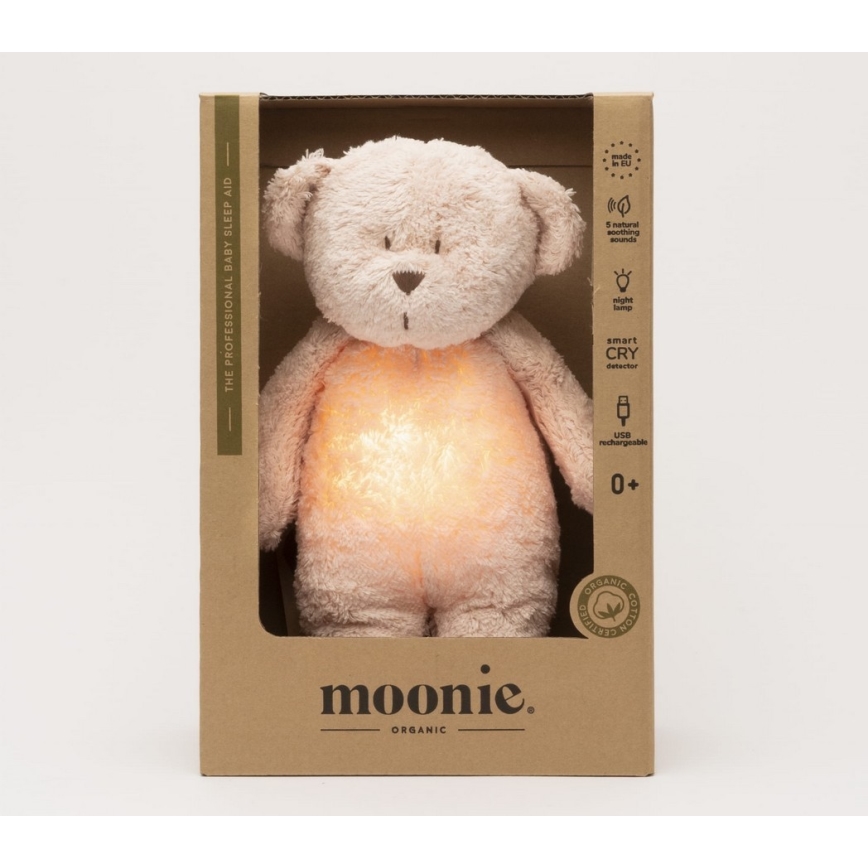 Moonie - Zabawka do przytulania z melodyjką i światełkiem miś 2.0 organic róża