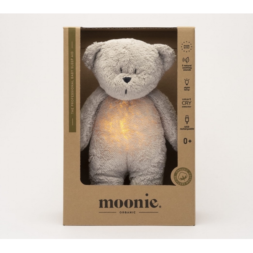 Moonie - Zabawka do przytulania z melodyjką i światełkiem miś 2.0 organic szara