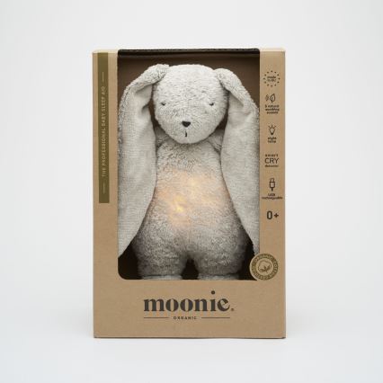 Moonie - Zabawka do przytulania z melodyjką i światełkiem zajączek organic grey natur
