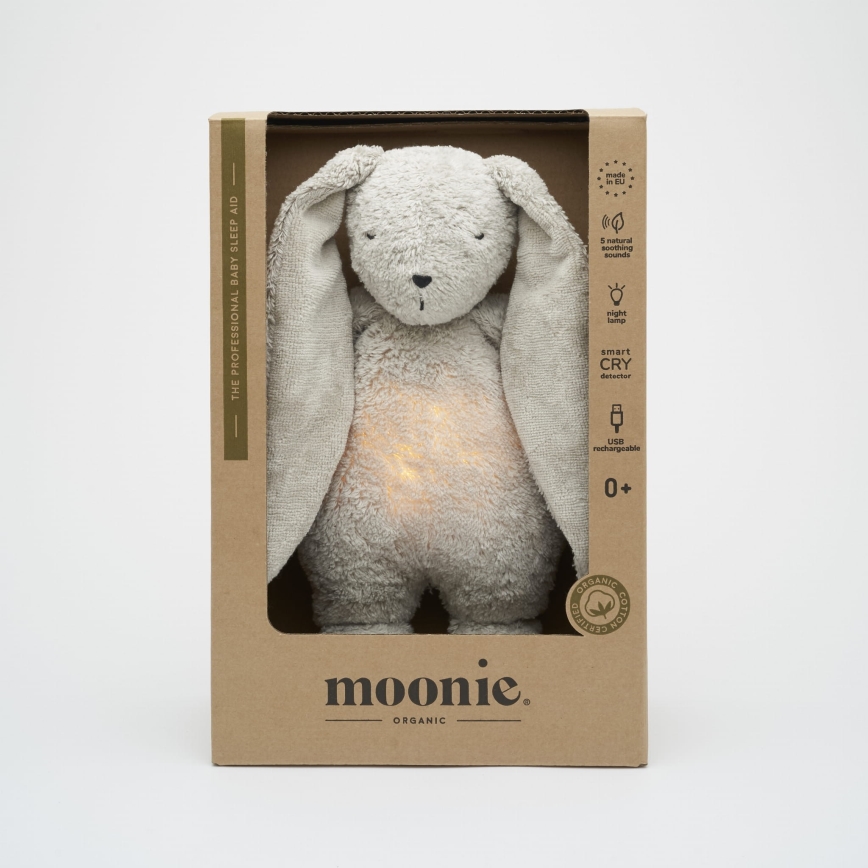 Moonie - Zabawka do przytulania z melodyjką i światełkiem zajączek organic grey natur