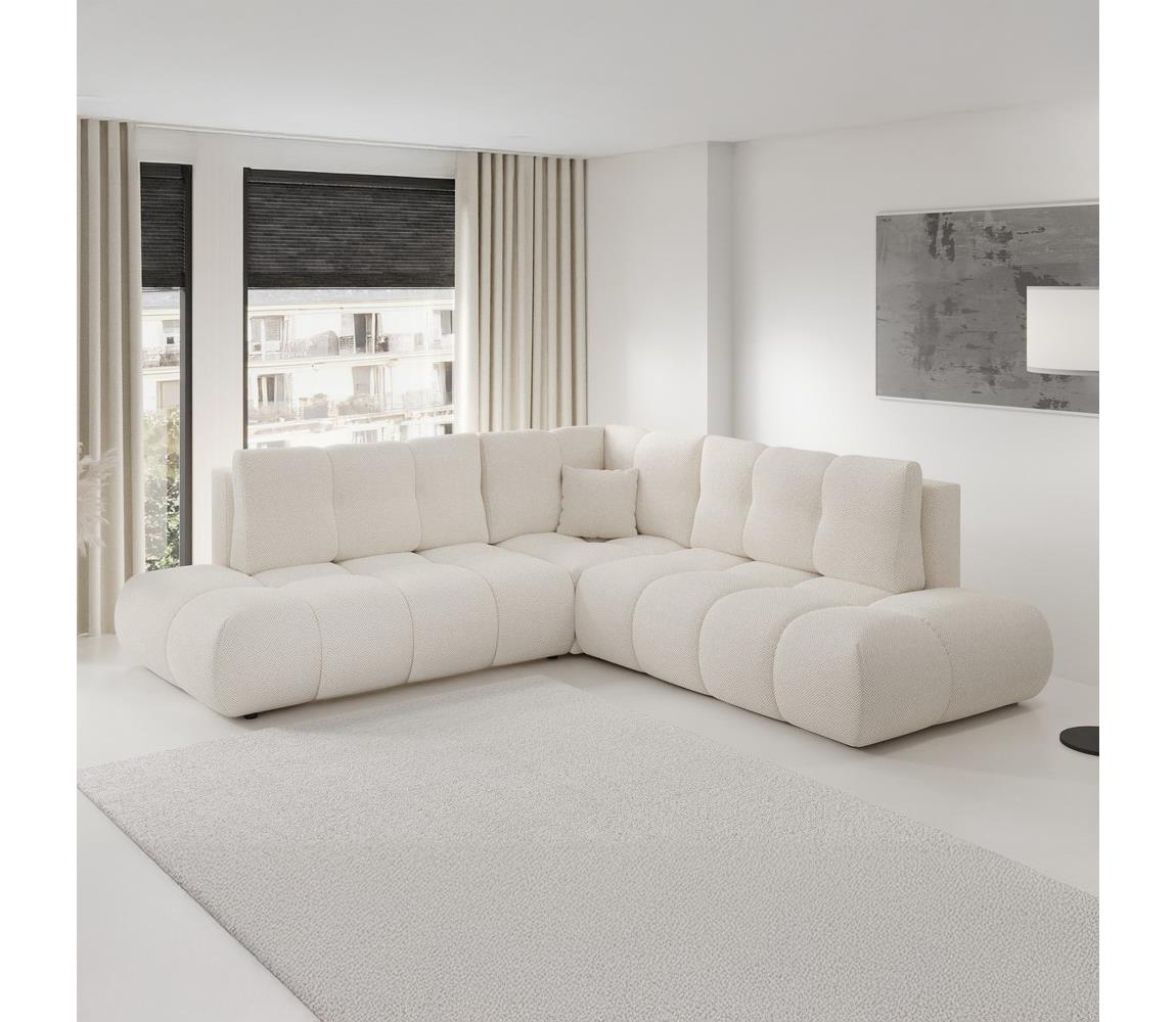 Narożna rozkładana sofa tapicerowana ALMADA, prawostronna, w układzie L, z pojemnikiem, beżowa