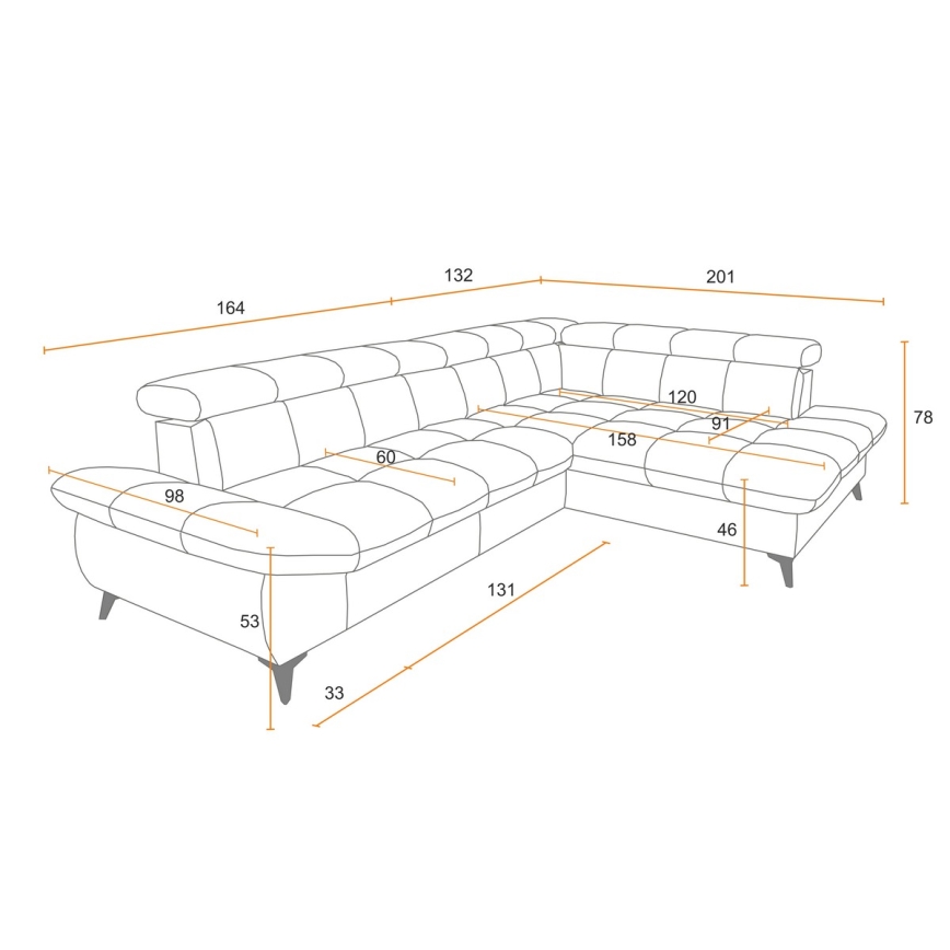 Rozkładany narożnik w kształcie litery L MARANO prawy czarny