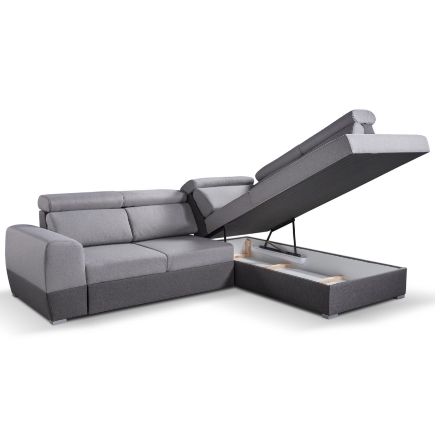 Rozkładany narożnik w kształcie litery L z pojemnikiem na pościel MATRIX szary prawy