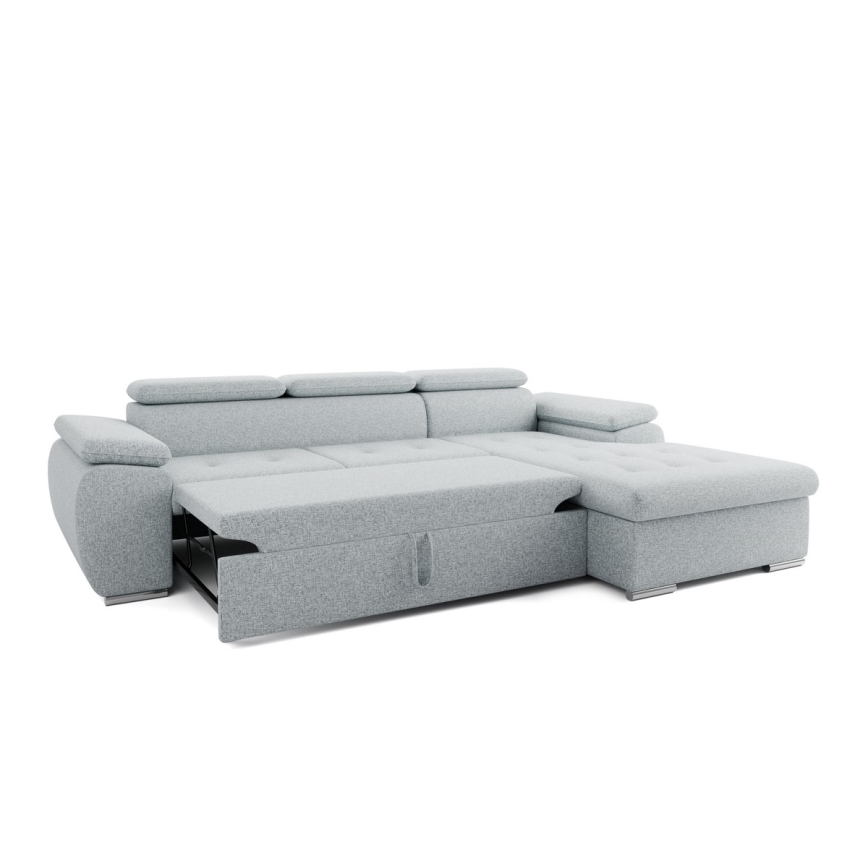 Rozkładana narożna sofa w kształcie litery L z pojemnikiem na pościel PADUA szara prawa