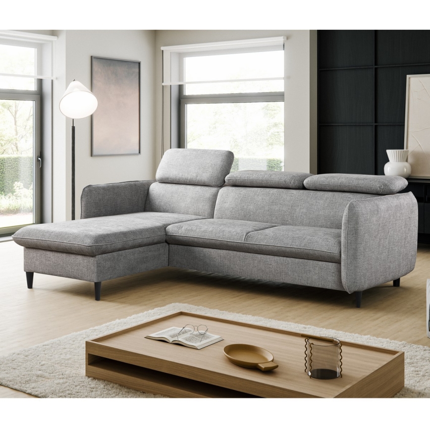 Narożna rozkładana sofa NISA w kształcie L z pojemnikiem, lewa, szara