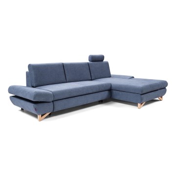Narożna rozkładana sofa tapicerowana w kształcie L AVESTA, prawostronna, niebieska