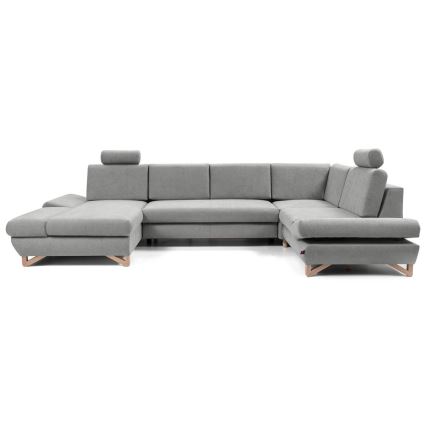 Narożna rozkładana sofa tapicerowana w kształcie U AVESTA, szara, z pojemnikiem na pościel