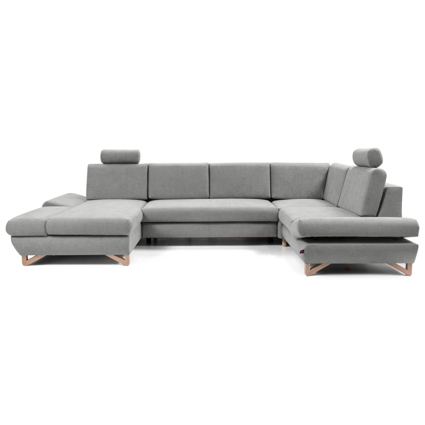 Narożna rozkładana sofa tapicerowana w kształcie U AVESTA, szara, z pojemnikiem na pościel