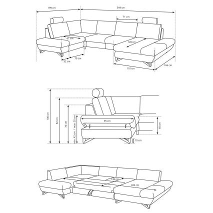 Narożna rozkładana sofa tapicerowana w kształcie U AVESTA, szara, z pojemnikiem na pościel