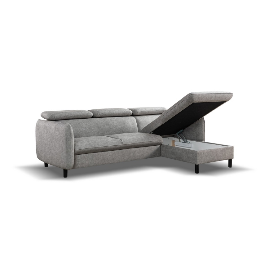 Narożna rozkładana sofa w kształcie L NISA, szara, prawostronna, z pojemnikiem na pościel