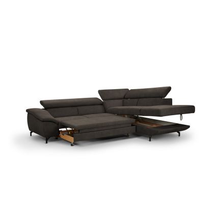 Narożna rozkładana sofa z pojemnikiem na pościel w kształcie litery L BRESCIA, prawa, brązowa