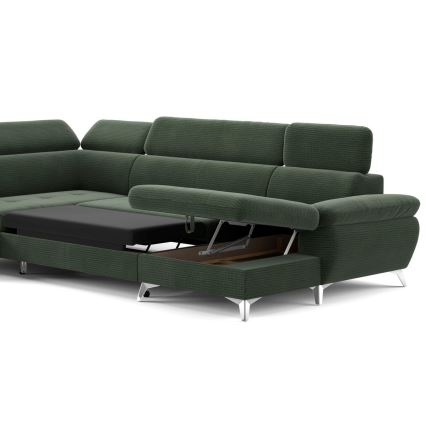 Rozkładany narożnik z pojemnikiem na pościel w kształcie litery U CATANIA lewy zielony