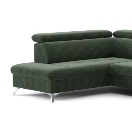 Rozkładany narożnik z pojemnikiem na pościel w kształcie litery U CATANIA lewy zielony