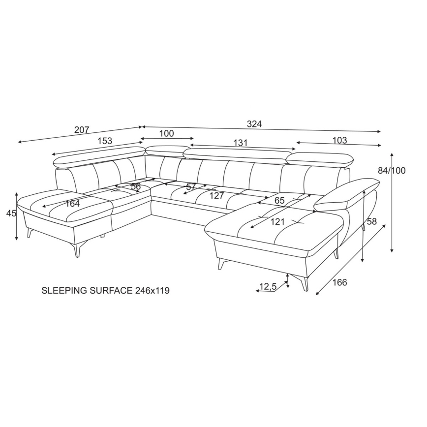 Rozkładany narożnik z pojemnikiem na pościel w kształcie litery U CATANIA lewy zielony