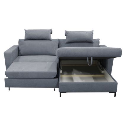 Narożna rozkładana sofa z pojemnikiem na pościel w kształcie litery L HORTA prawa ciemnoszara