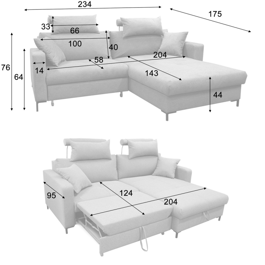 Narożna rozkładana sofa z pojemnikiem na pościel w kształcie litery L HORTA prawa ciemnoszara