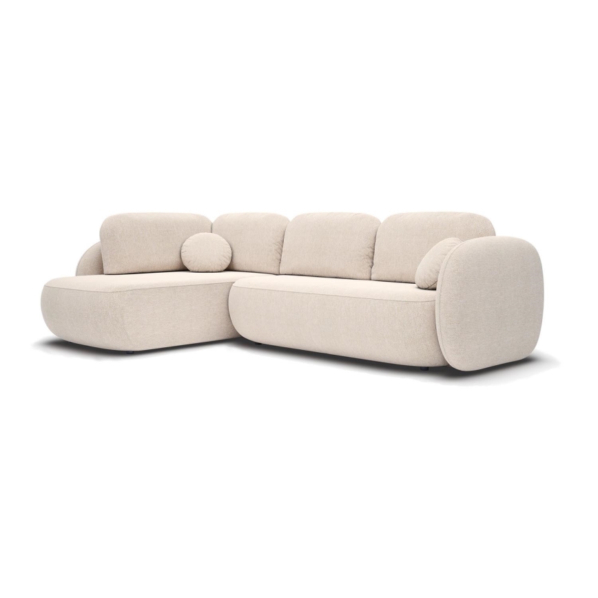 Narożna rozkładana sofa z pojemnikiem na pościel w kształcie litery L OLBIA lewa beżowa