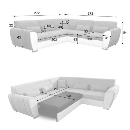 Narożna rozkładana sofa z pojemnikiem na pościel w kształcie litery L VISEU lewa szara/biała