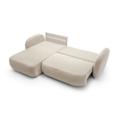 Narożna rozkładana sofa z pojemnikiem na pościel w układzie L OLBIA — lewa, beżowa