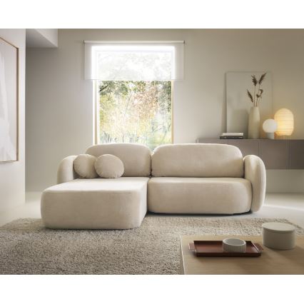 Narożna rozkładana sofa z pojemnikiem na pościel w kształcie litery L OLBIA lewa beżowa