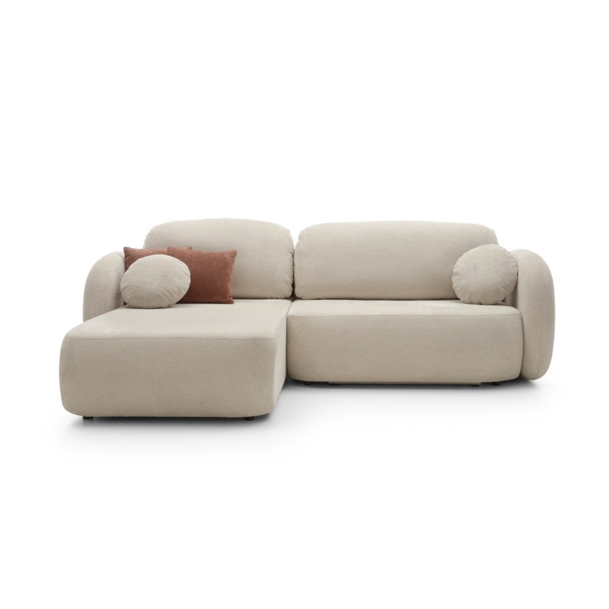 Narożna rozkładana sofa z pojemnikiem na pościel w kształcie litery L OLBIA lewa beżowa
