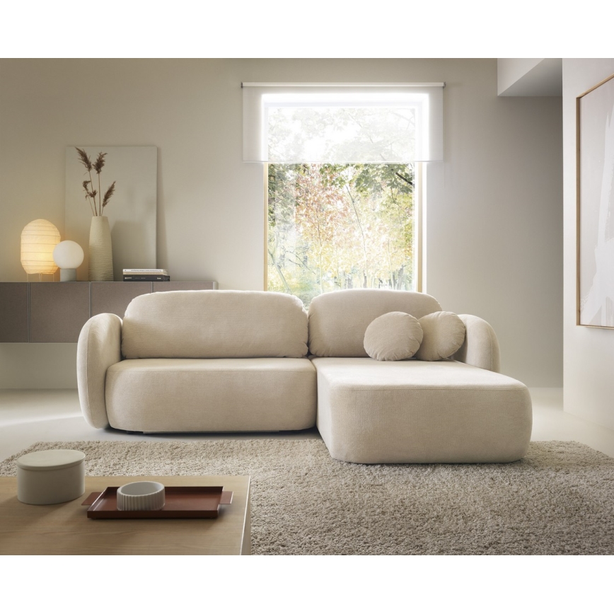 Narożna rozkładana sofa z pojemnikiem OLBIA prawa beżowa