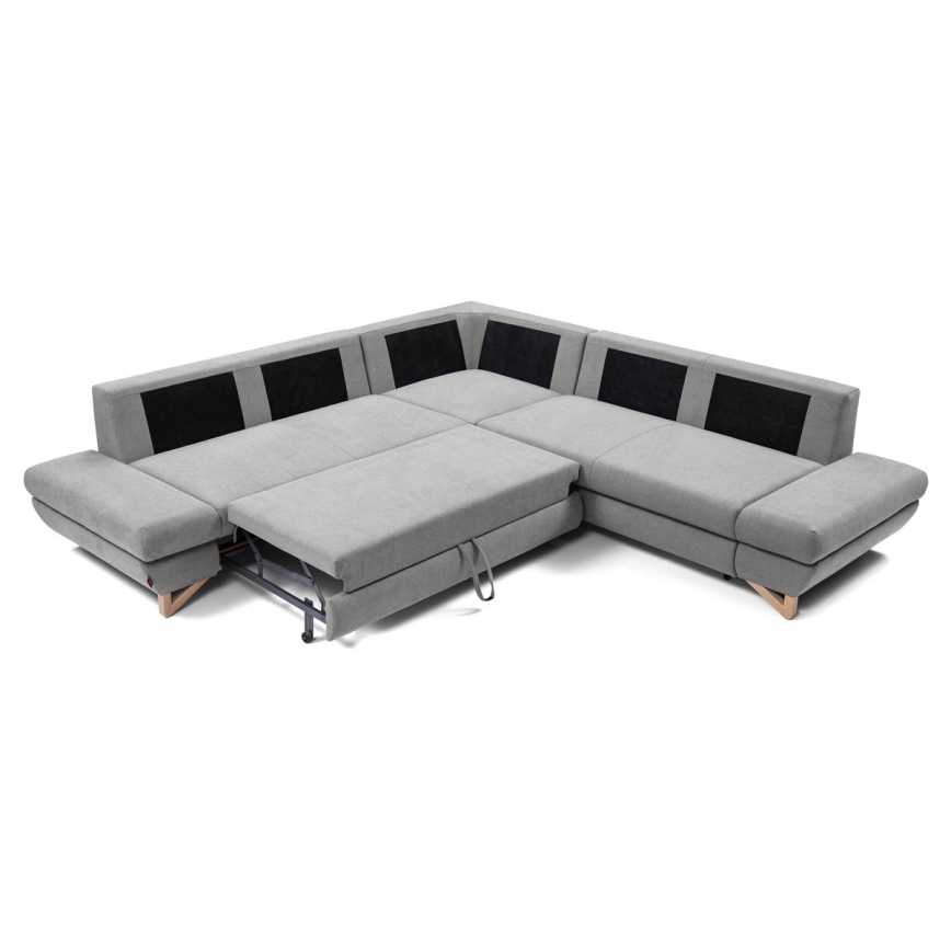 Rozkładana narożna tapicerowana sofa z pojemnikiem na pościel w kształcie litery L AVESTA prawa szara
