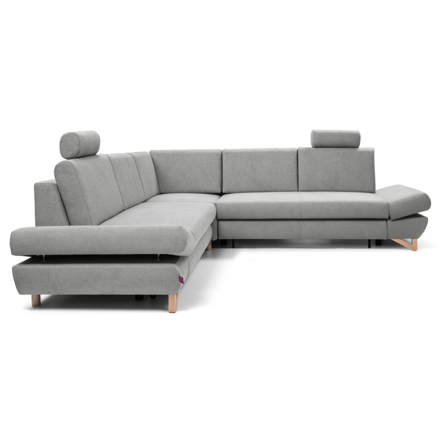 Rozkładana narożna tapicerowana sofa z pojemnikiem na pościel w kształcie litery L AVESTA prawa szara