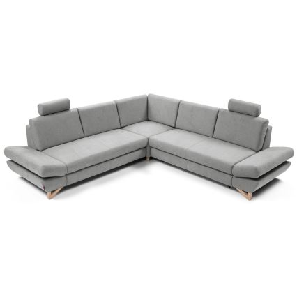 Rozkładana narożna tapicerowana sofa z pojemnikiem na pościel w kształcie litery L AVESTA prawa szara