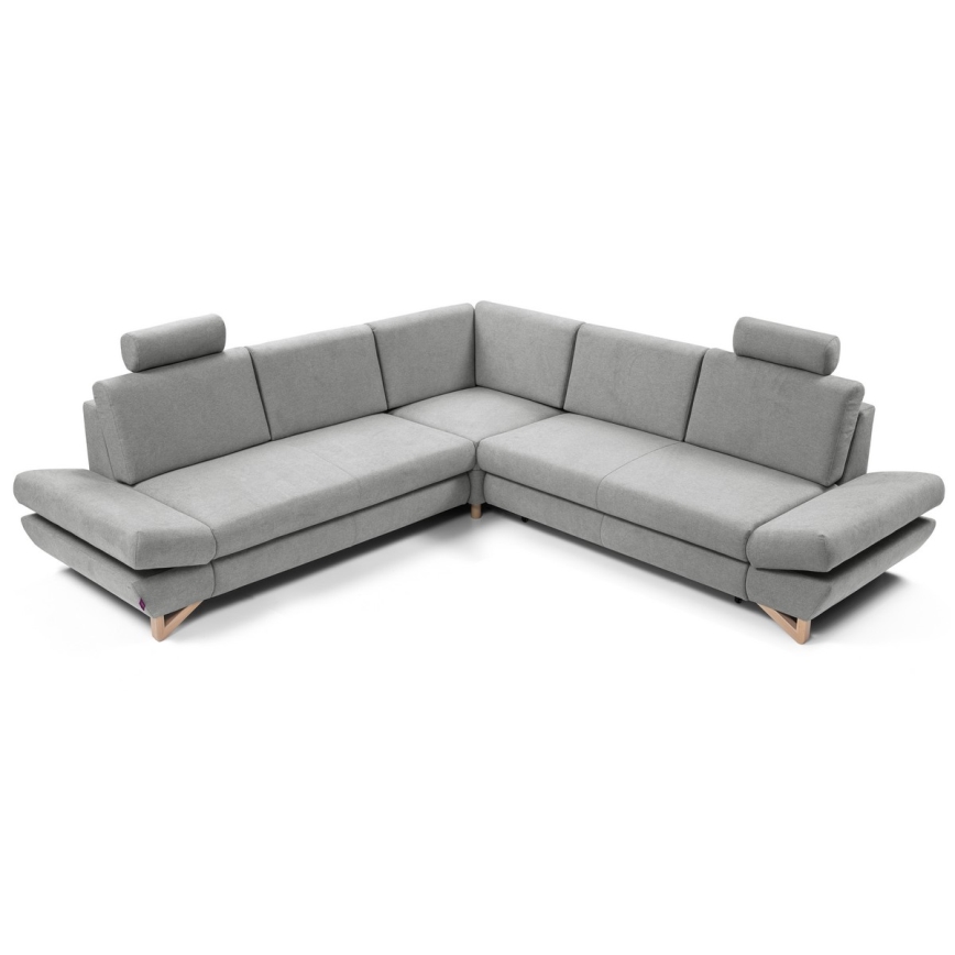 Rozkładana narożna tapicerowana sofa z pojemnikiem na pościel w kształcie litery L AVESTA prawa szara