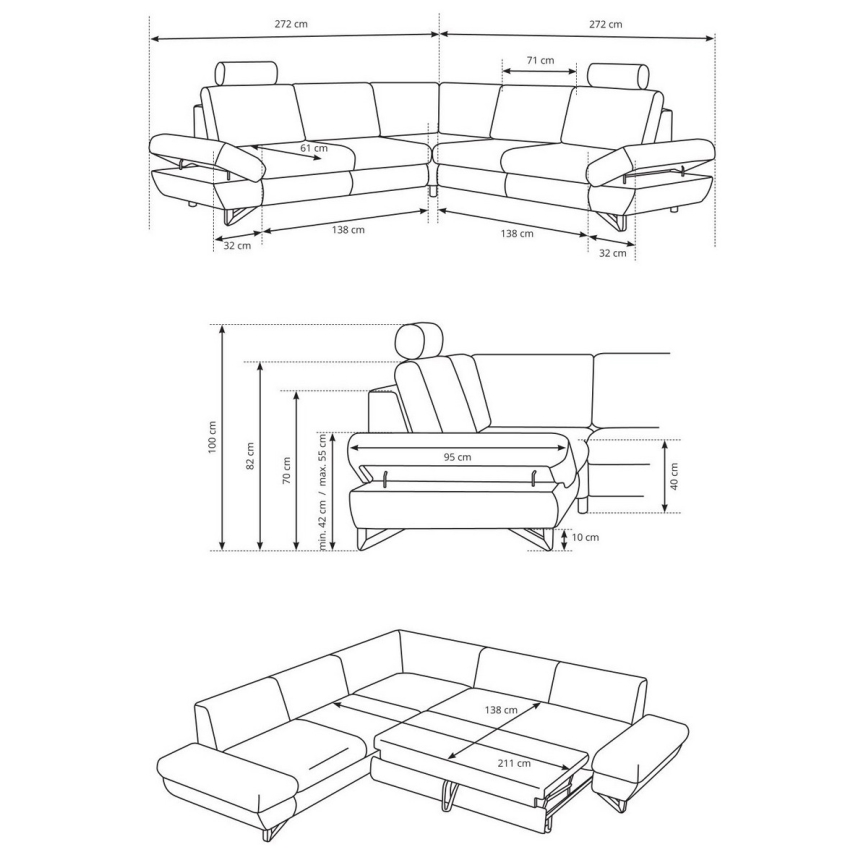 Rozkładana narożna tapicerowana sofa z pojemnikiem na pościel w kształcie litery L AVESTA prawa szara