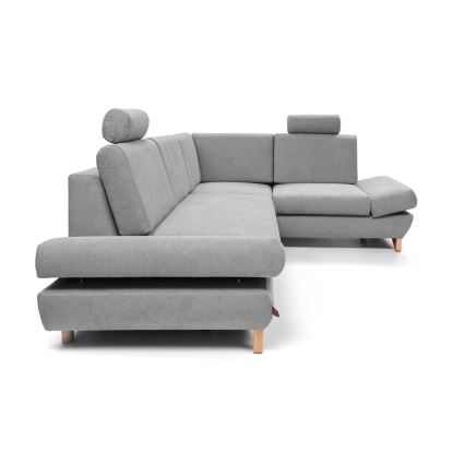 Rozkładana narożna tapicerowana sofa z pojemnikiem na pościel w kształcie litery L AVESTA prawa szara