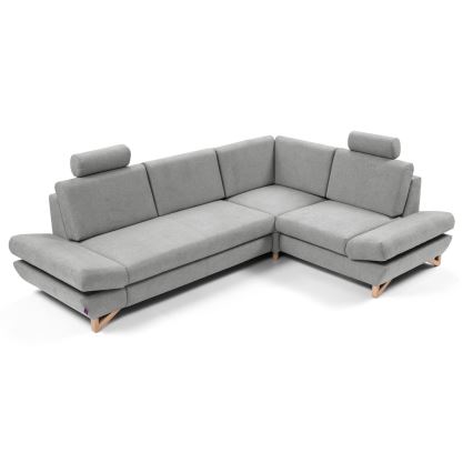 Rozkładana narożna tapicerowana sofa z pojemnikiem na pościel w kształcie litery L AVESTA prawa szara