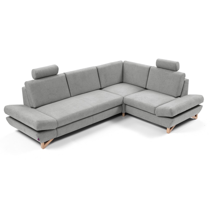 Rozkładana narożna tapicerowana sofa z pojemnikiem na pościel w kształcie litery L AVESTA prawa szara