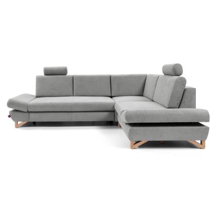 Rozkładana narożna tapicerowana sofa z pojemnikiem na pościel w kształcie litery L AVESTA prawa szara