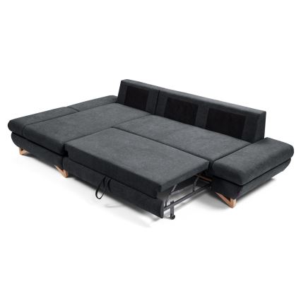 Rozkładana narożna tapicerowana sofa z pojemnikiem na pościel w kształcie litery L AVESTA lewa antracyt