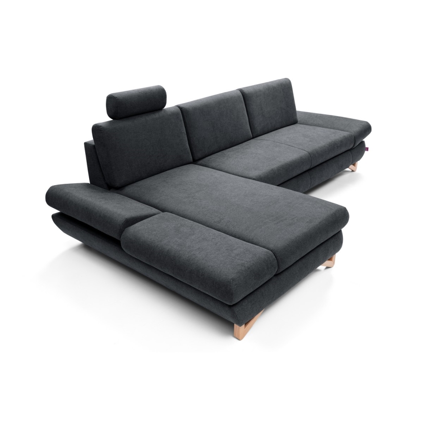 Rozkładana narożna tapicerowana sofa z pojemnikiem na pościel w kształcie litery L AVESTA lewa antracyt