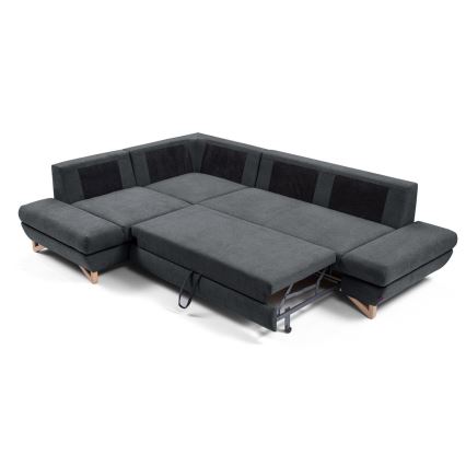 Rozkładana narożna tapicerowana sofa z pojemnikiem na pościel w kształcie litery L AVESTA lewa antracyt