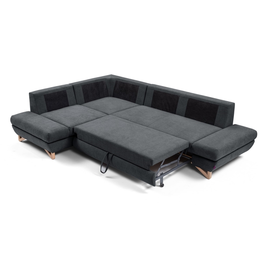 Rozkładana narożna tapicerowana sofa z pojemnikiem na pościel w kształcie litery L AVESTA lewa antracyt