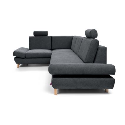 Rozkładana narożna tapicerowana sofa z pojemnikiem na pościel w kształcie litery L AVESTA lewa antracyt