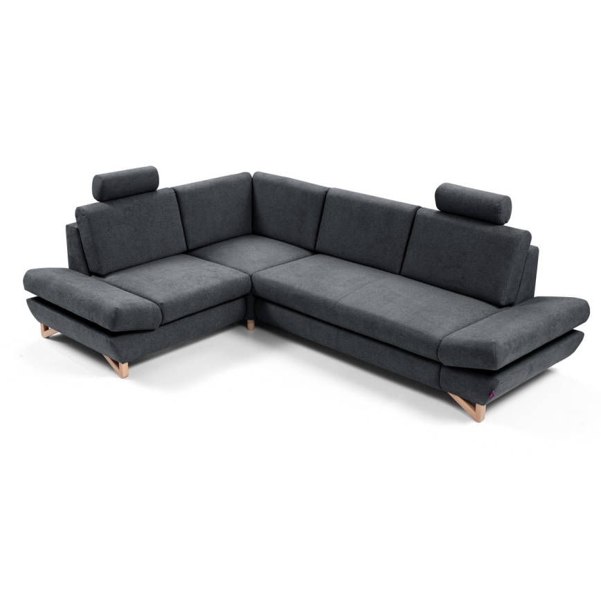 Rozkładana narożna tapicerowana sofa z pojemnikiem na pościel w kształcie litery L AVESTA lewa antracyt