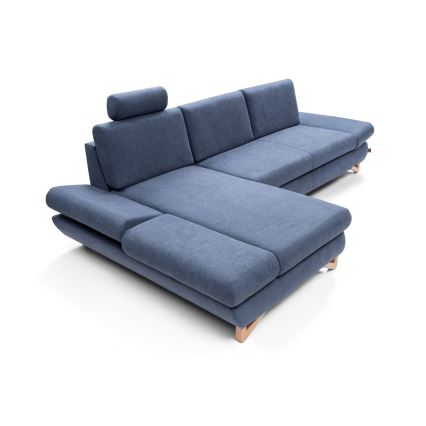 Rozkładana narożna tapicerowana sofa z pojemnikiem na pościel w kształcie litery L AVESTA lewa niebieska