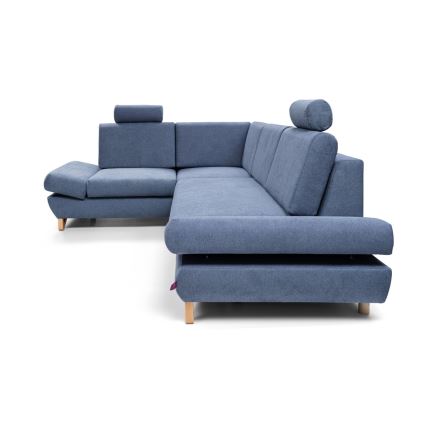 Rozkładana narożna tapicerowana sofa z pojemnikiem na pościel w kształcie litery L AVESTA lewa niebieska