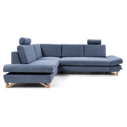 Rozkładana narożna tapicerowana sofa z pojemnikiem na pościel w kształcie litery L AVESTA lewa niebieska